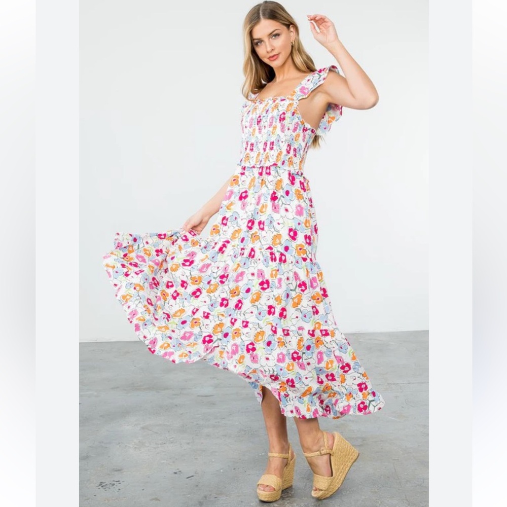 THML Floral Smocked Flutter Sleeve Midi Dress SZ L NWT